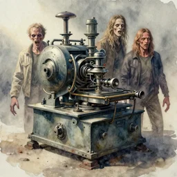 watercolor anti life muted chlelithiasis machine by jack kirby, wayne d barlowe, francesco blanc, philippe druillet, fine art masterpiece baked at 3 0 0 f, matte painting, cold lighting, aged with sunlight, award winning horror wraparound, photorealistic render, cinematic