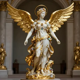 a roman marble sculpture of handsome princess gilded in gold with wings, dressed in flower blossom, stands in the pose of a super hero on a golden stone,  silk flowing fabric, Greek elements. full-length view. baroque element. intricate artwork by caravaggio.  Trending on artstation. halo. octane render, cinematic, hyper realism, octane render, 8k, depth of field, bokeh. iridescent accents. vibrant color scheme