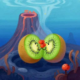 digital art of kiwi and gooseberry hugs in the mouth of an underwater volcano, painting by ivan aivazovski, greg rutkowski, colorful, simple