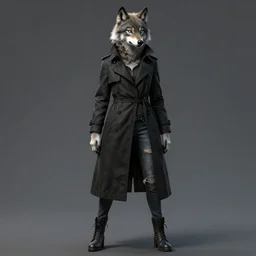 a full body character portrait of a female anthropomorphic wolf dressed in a buttoned up black trench coat and ripped jeans in the style of gothic art in the style of jean giraud trending on artstation deviantart pinterest furaffinity hyper detailed photorealistic highlights and shadow hd 8 k post - processing high resolution
