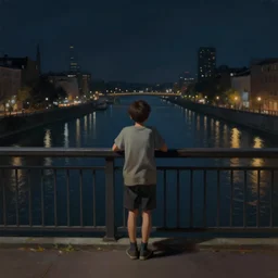 a lonely boy on a city bridge looking to the river at night, digital painting, masterpiece, digital art, hyperrealistic, concept art, octane render, unreal engine 5, trending on deviantart, sad atmosphere, centered, anatomically correct, oil painting, high contrast, serene scenery, loneliness, path traced
