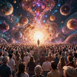 people in masses being, magical scenery, together in a magical dream world, psychedelic shapes, cinematic lighting, octane render, high detail