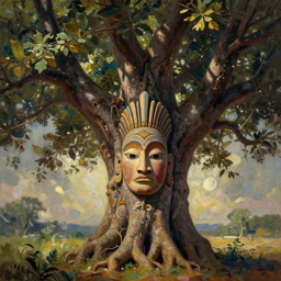 ayahuma tree with a tribal face in its trunk, art by christophe vacher