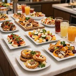 delicious buffet with diverse foods and beverages, 4 k