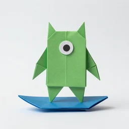 photo of a green paper monster origami balancing on top of a blue surfboard going inside a yellow portal