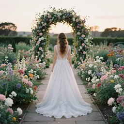 analog photograph of beautiful bride from the back wearing a long flowing wedding dress in stunning flower garden on a stone pathway with an archway at sunset by mark owen. pastel colours bokeh. cinematic. hq. detailed. contrast. cinestill 8 0 0 t