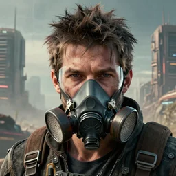 retrofuturistic portrait of a wasteland scavenger, messy hair, respirator on bottom half of face, dystopian city graphics in background, close up, quint buchholz, wlop, dan mumford, artgerm, liam brazier, peter mohrbacher, raw, featured on artstation, octane render, cinematic, gritty, intricate, 8 k