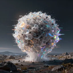 dream landscape, houdini software simulation, glitch art, particle flow, volumetric object, physical particles, translucence, cinematic lighting, iridescence, by ash thorpe