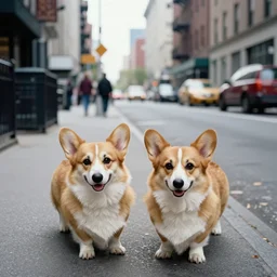 a photo of a two very corgis, in a street of new york, by saul leiter, photography, detailed, beautiful, real, extremely precise, elegant