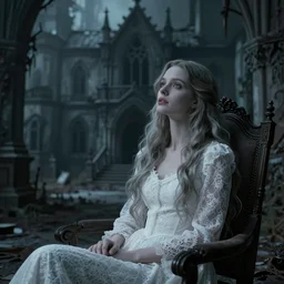 cinestill 5 0 d wide photo portrait of a dreamy beautiful woman sitting in a dystopian abandoned gothic haunted house by kubrik, long hair, wearing white lace, elegant, highly detailed, pale mute cinematic colors rendering, soft blur, artstation, sharp focus, head in focus,