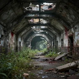 post apocalyptic underground station in russia, by ricardo bofill, apocalyptic color palette, trending on artstation, photorealistic, wilderness ambiance, ultra detailed, high definition, depth of field, bokeh, rubble, wild vegetation, blood stains, building crumbling