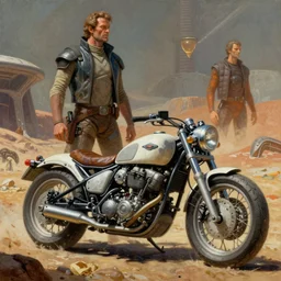moebius and ralph mcquarrie style retro motorbike motorcycle futuristic sci - fi painting, westworld, star wars dune, the incal