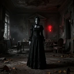 A ghostly woman in a long, black victorian dress, standing in the middle of a ruined, abandoned, polish mansion dining hall, seen from inside. Pitch black darkness, A strong red keylight is the only lightsource. Smoke. Dirt, leaves on ground. Octane render. Substance painter. Zbrush. Trending on artstation. 8K. Highly detailed.