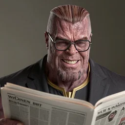 photo portrait of a handsome thanos with straight brown slicked back hair, while wearing thick rimmed glasses and an expensive suit and reading the newspaper while laughing, realistic, hyperrealistic, 8 k resolution, hd quality, very detailed, highly detailed, intricate details, real life, real world, trending on artstation, digital art, really realistic, very realistic, headshot, head in frame, photograph, portrait, head in frame