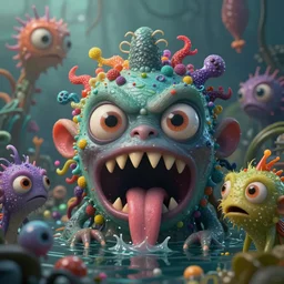 intricate colourful murky with strange cute friendly angry crazy creatures with huge beauty eyes! long tongue triangle teeth and scary face appearing from the water, in the style of craola, shallow depth of field, highly detailed, digital painting, trending artstation, concept art, illustration, cinematic lighting, vibrant colors, photorealism, epic, octane render