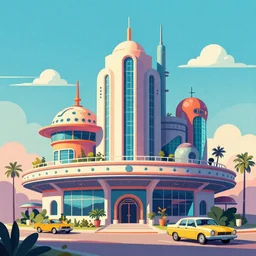 james jean illustration, googie style architecture, kitsch, retro futuristic atomic age, space age, greaser biker gang, greaser biker gang hanging out at the ice cream parlour, rocket bikes, sci - fi retro