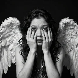 absurd image with eyes, hands, angelic wings, biblical symbolism, black and white, weirdcore, art