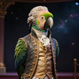 Alexander Hamilton style , Portraitof a parrot wearing a beautiful  Costume on stage, on a dark nebula background” digital Art, concept Art, highly detailed, 3-D 4K, trending on art station, Award winning, Mark Brooks, -768