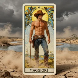 a dramatic, epic, ethereal ( tarot ) painting of a handsome! brown shirtless cowboy | background is a dust cloud and dry river bed and cracked mud | tarot card, art deco, art nouveau | by mark maggiori | trending on artstation