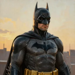 Painting of Ben Affleck's Batman wearing his Batman suit in full. Art by William Adolphe Bouguereau. During golden hour. Extremely detailed. Beautiful. 4K. Award-winning.