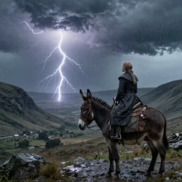 woman on a donkey gazing at a lightning bolt in the distance in a valley, heavy rain approaching, John Harris, crisp lighting, breathtaking detail, game of thrones