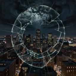 photorealistc full - color painting of a broken and distorted mirror reflecting a nightmarish boston downtown skyline in 1 9 2 5 at night with a horrifying sky, aerial view, dark, brooding, night, atmospheric, horror, cosmic, ultra - realistic, smooth, highly detailed by dave dorman