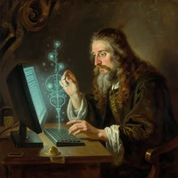 time travelling wizard experimenting with new arcane programming language on a glowing computer, oil painting, ca. 1 8 8 0, carl spitzweg, joseph wright of derby