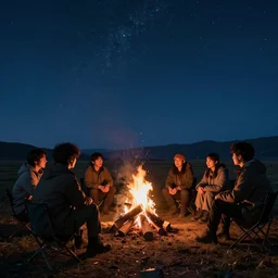 angles in heaven looking at 6 people around a campfire, realistic