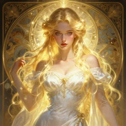 a digital concept art by artgerm and greg rutkowski and alphonse mucha. clear portrait of a young wife blessed by god to uncontrollably become overwhelmingly perfect!! blonde, clothes, divine body!! light effect. hyper detailed, character concept, glowing lights!! intricate, elegant, digital painting, artstation, smooth, sharp focus