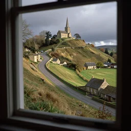 from an upstairs window, looking up steep slope, road to church atop hill, playing fields to the right, small stone buildings, carl spitzweg, david curtis, morgan weistling, jim beckner, michael alford, craig mullins, jeremy mann
