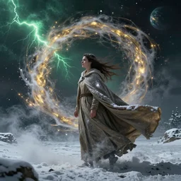 swirls of smoke and snow whirl around a young woman wearing a long flowing cloak blowing in the wind, swirling flashes of gold and silver light, traces of green, lightning in distant clouds, cinematic lighting, fantasy painting, distant planet