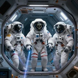 three astronauts in outer space and skull pictures in iss capsule, cyberpunk, lasers, science fiction, ultra realistic, unreal engine render
