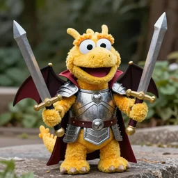 a huggable yellow plush dragonborne paladin muppet wearing vampiric armor and holding a toy sword, photorealistic, nature, photography, national geographic, sesame street