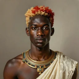 a professionally painted african male model , clothed in ancient, dark skin, red gold hair, beautiful bone structure, symmetrical facial features, stunningly beautiful, intricate, elegant, digital painting, smooth, sharp focus, illustration, made by Kehinde Wiley, Kara Walker, Jacob Lawrence, Sam Gilliam, Edmonia Lewis