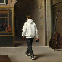 guy with white hoodie walking in the music in genoa. painting by veronese