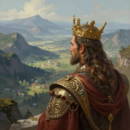 over the shoulder of a powerful king looking to the very distant horizon full of montains and valleys. intricate, elegant, highly detailed, digital painting, artstation, concept art, sharp focus, illustration, by justin gerard and artgerm, 8 k