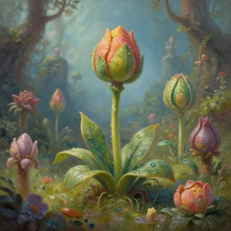 a beautiful painting plant sprouts in a fantasy world full of interesting buds fictional and gorgeous, 8 k resolution, highly detailed, hdr