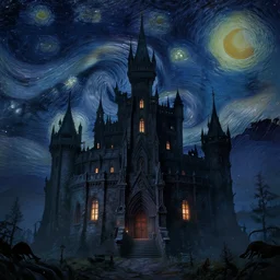 a lovecraftian horror castle scene in starry night's style, cinematic, arstation, detailed, octane,