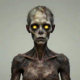 high-quality beautifully done centered portrait of an undead female zombie without a nose, rough dark dirty skin showing the thin veins underneath, glowing slanted upturned yellow eyes::trending on artstation, featured on behance::art by James Christensen and Artgerm and Sophie Anderson and Tom Richmond::natural lighting, identical eyes, beautiful eyes medium shot, slender symmetrical face and body, hyperdetailed, single face, insanely detailed and intricate