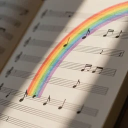 music sheet with rainbow notes flying off it