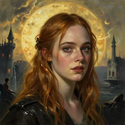Elle Fanning in the painted world of Bioshock, head and shoulders masterpiece, apocalypse, golden hour, cosmic horror, artstation, in the style of Andrew Wyeth and Edward Hopper and Bosch, extremely detailed