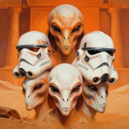 Star Wars alien faces, the dark side, cinematography, Betty Jiang Alphonse Mucha, orange and white, orange light, desert temple, by jeremy mann painting, ultra detailed, hyper realistic, craig Mullins, Krenz Cushart, Star Wars alien faces, the dark side, emmanuel lubezki cinematography, orange and un no white, orange light, desert temple, by jeremy mann painting, ultra detailed, hyper real, Nekro III, Nekro Borja