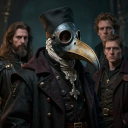 A fancy portrait of a plague doctor wearing a beak mask by Greg Rutkowski, Dan Mumford, Christophe Vacher, Sung Choi, Mitchell Mohrhauser, Bloodborne, 8k photorealistic, volumetric lighting, HD, high details, dramatic, dark atmosphere, trending on artstation