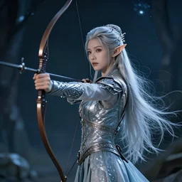 kingdom of elves, silver haired elf archer, outside of time and space, dreamy, romantic, night lighting, gorgeous lighting, dramatic cinematic lighting, intricate, highly detailed, 8 k