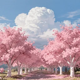 valley of pink maple trees with white trunks under a blue sky with big cumulonimbus, award winning by greg rutkowski cgsociety contest winner intricate 4 k detailed wide - angle 8 k quality