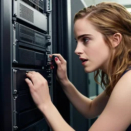 emma watson smashing computer server, data center, closeup detailed