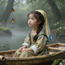 a neoclassical portrait of a cute little forest girl with a beautiful braid and dreamy eyes, sitting in a small bamboo boat, concept art, realism, wearing traditional attire and beautiful ornaments, dreamy atmosphere, by  Johannes Vermeer, butterflies in the fog in a bokeh background, artstation, 8K