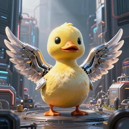 giant cute duck!! with cybernetic wings in dystopian cyberpunk city, digital art, photorealistic render, octane, artstation