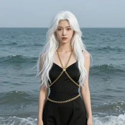 portrait of a self - sufficient woman with long white hair in a black dress, standing in the ocean, very beautiful style, girl wrapped in a gold chain, photorealism edgard maxence, john singer sargent