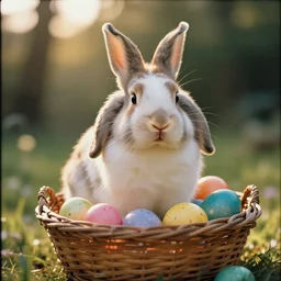 a 3 5 mm photo of a lop - eared bunny sitting in an easter basket full of colorful easter eggs, bokeh, canon 5 0 mm, cinematic lighting, film, photography, golden hour, depth of field, award - winning, art by greg rutkowski, maxfield parrish and alphonse mucha